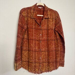 Mystree Orange‎ Rust Abstract Plaid Long Sleeve Button Down
